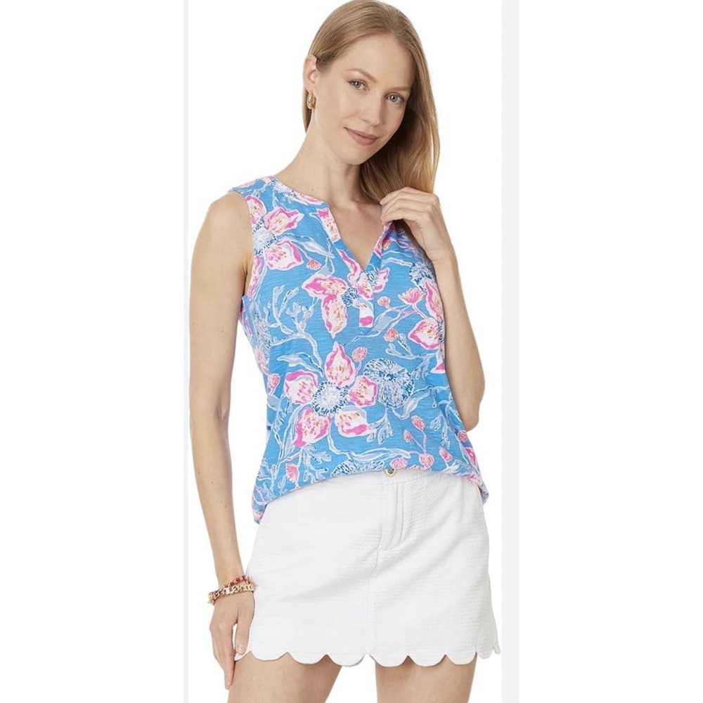 Lilly Pulitzer V-Neck Top S‎ Sleeveless Shell Pink Blue Resort Tropical  Beach